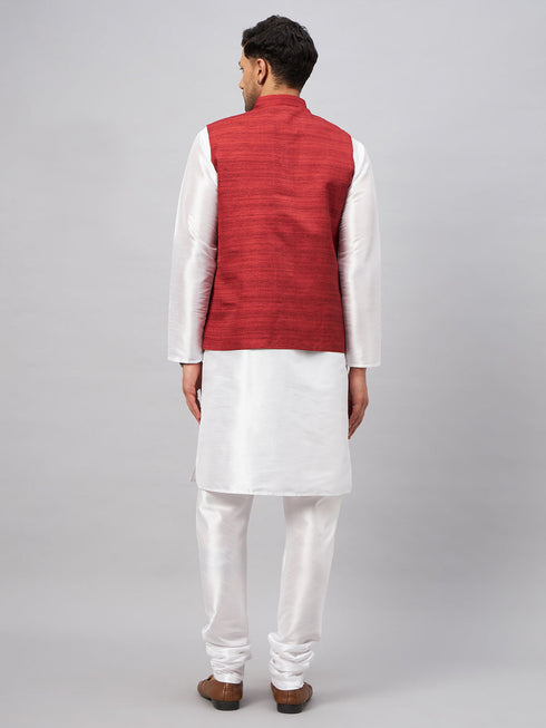Vastramay Men's Maroon Matka Silk Nehru Jacket With White Silk Blend Kurta Pyjama Set